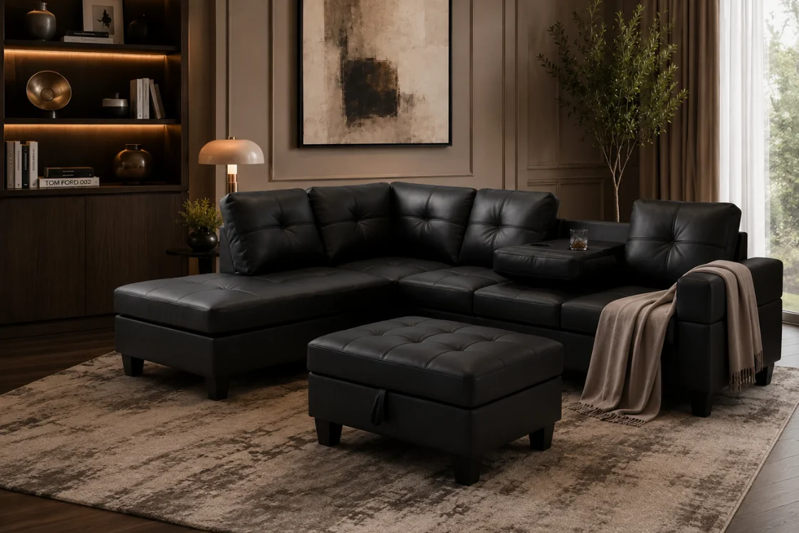 2406 PU Leather Sectional Sofa Set with Storage Ottoman
