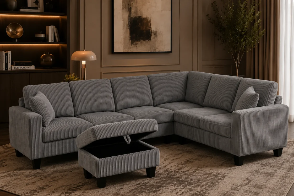 2509 Reversible Corduroy Sectional Sofa with Storage Ottoman