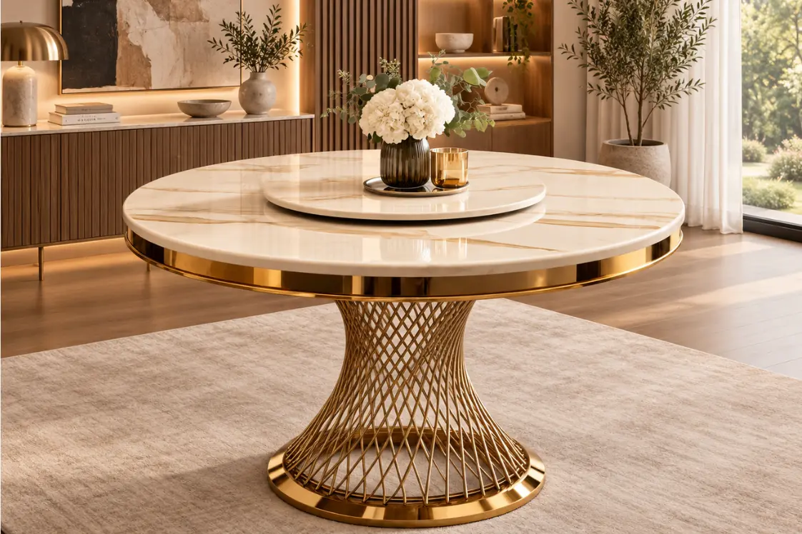 Round Marble-Look Dining Table with Lazy Susan