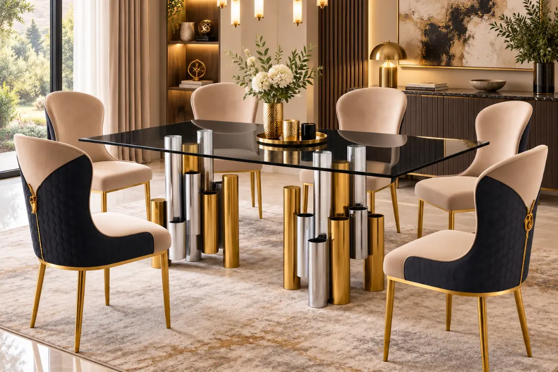 Modern Glass Dining Set with Gold & Chrome Base