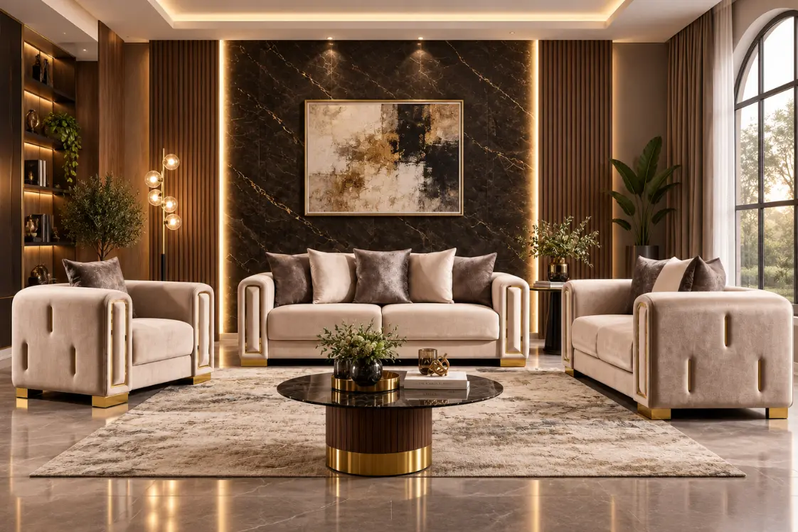 Modern Velvet 3-Piece Sofa Set with Gold Accents