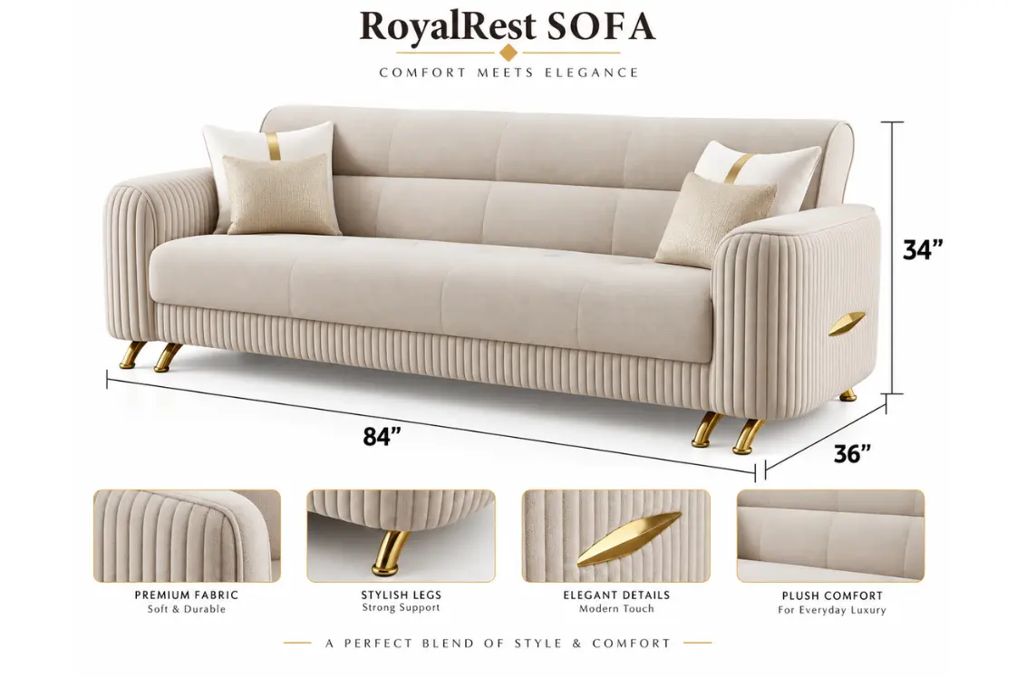 Velvet 3-Piece Sofa Set with Gold Accents 2