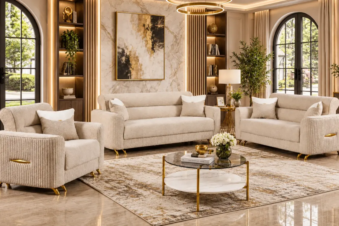 Modern Velvet 3-Piece Sofa Set with Gold Accents